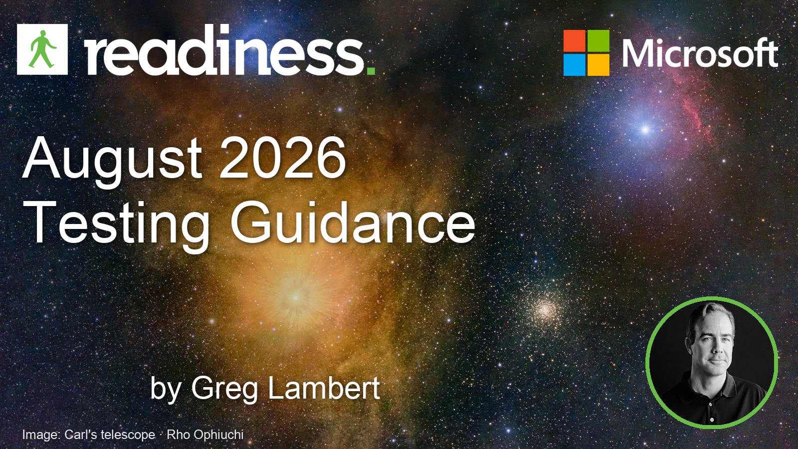 Readiness August 2026 Testing Guidance card with the Readiness and Microsoft marks, by Greg Lambert